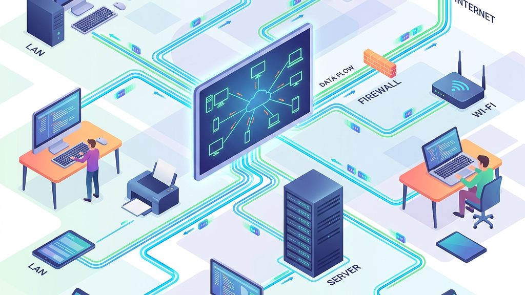 Diagram of computer network with servers, desktops, laptops, tablets, printers, firewall, and internet connection