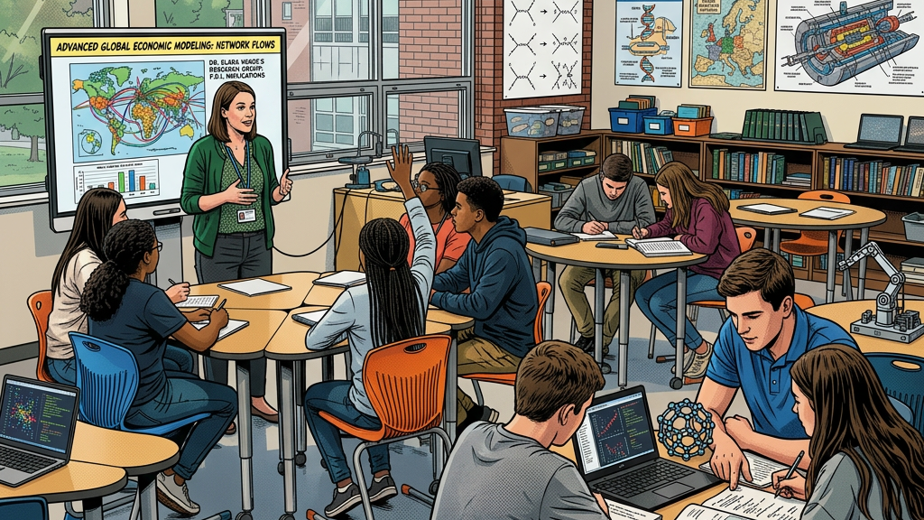 Teacher explaining trade routes map to attentive students in classroom