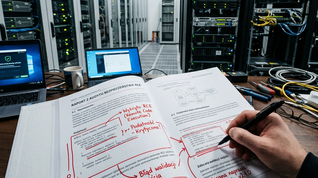 Annotated cybersecurity audit report with notes on vulnerabilities and recommended updates